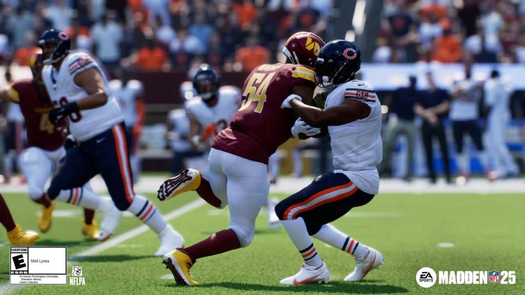 Bobby Wagner haciendo un tackle en Madden 25 como parte de un artículo sobre calificaciones de agentes libres.