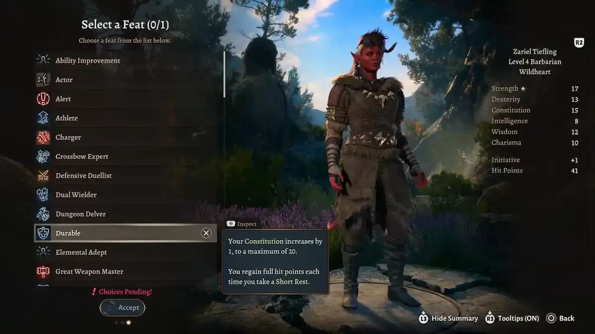 Isang imahe na nagpapakita ng isang tiefling barbarian at ang matibay na gawa sa Baldur's Gate 3 (BG3), bilang bahagi ng isang artikulo sa pinakamahusay na mga feats upang pumili para sa klase.