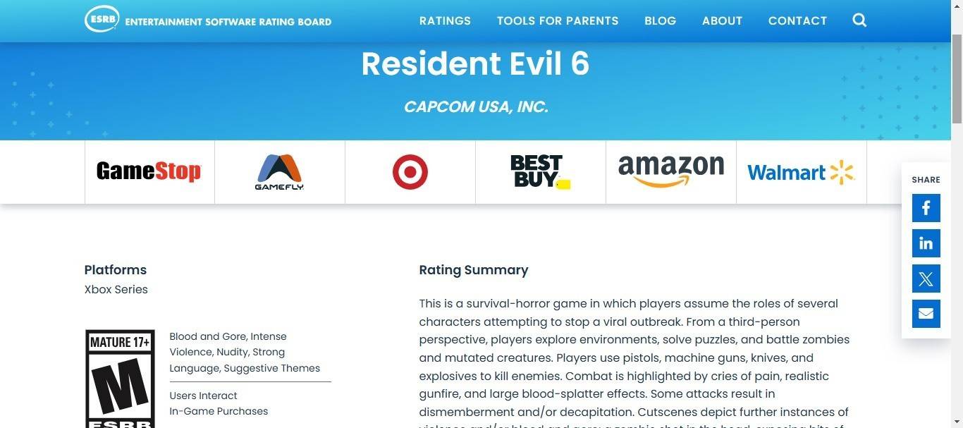 ESRB Resident Evil 6 Rating