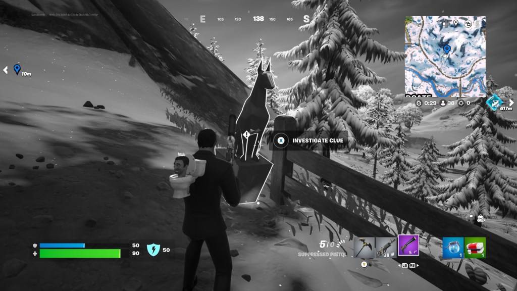 A estátua de cães como parte de um artigo sobre como seguir a trilha e questionar o viajante desconhecido em Fortnite.