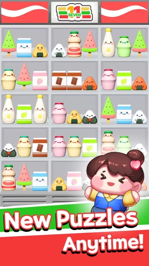 A cheerful woman standing beside a fully stocked supermarket shelf with a sign