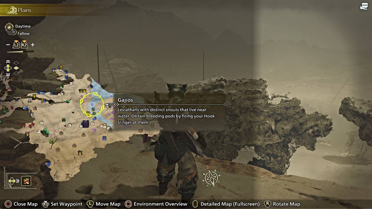 Gaijos ditandakan pada peta di Monster Hunter Wilds