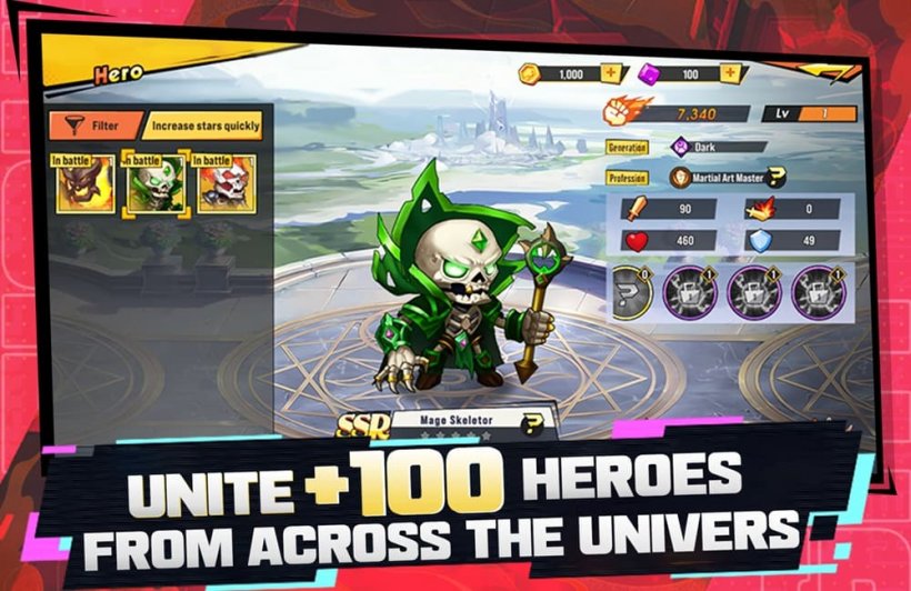 A screenshot of Heroes United showcasing a skeletal mage character selection